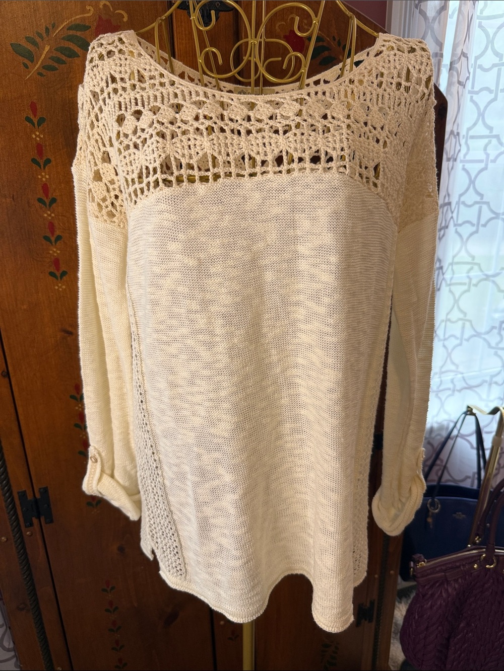 Democracy Cream Crochet Yoke Scoop Neck Sweater Large sku3